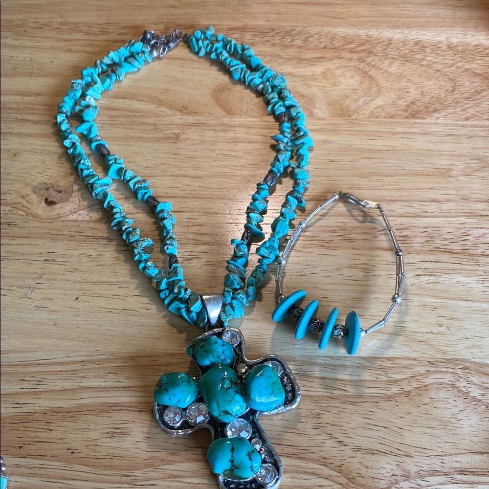 Turquoise Cross Necklace and Bracelet Set